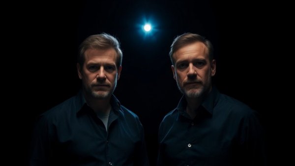 Two men in spotlight in dark room, bright future for newsletters theme.