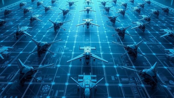 Futuristic military drone and aircraft strategy display.