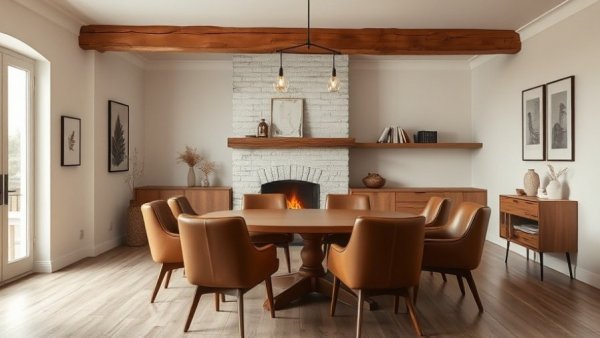 Inviting Scandinavian dining room design with warm fireplace.