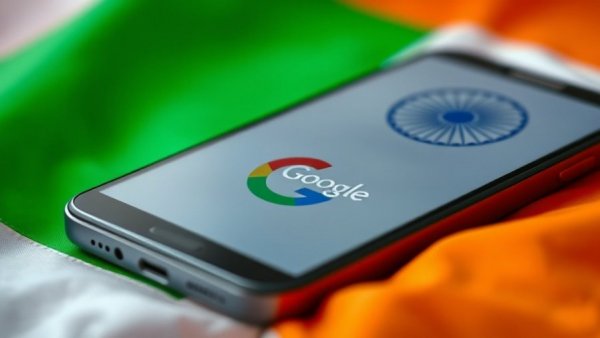 Smartphone with Google logo on Indian flag background, related to India AI startups funding.