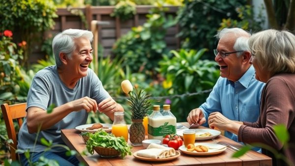 Group of mature adults dining with compostable products in a garden setting.