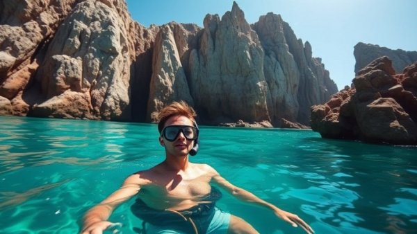 Snorkeler in Cabo swimming near rocky cliffs, vibrant teal waters.