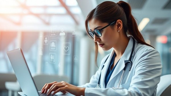 Medical professional working on laptop with digital medical icons.
