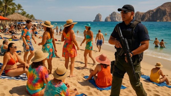 Beach safety measures in Los Cabos with security presence ensuring safety.