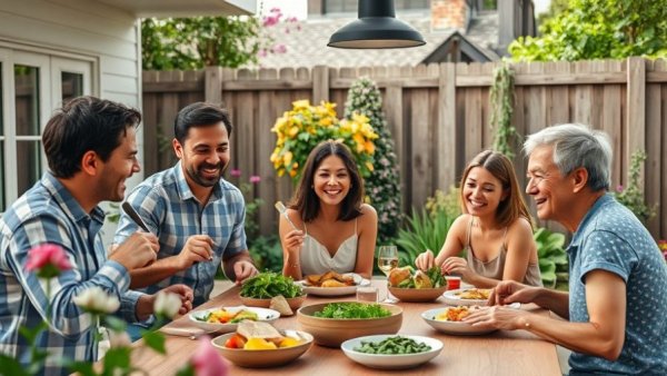 Family enjoying meal in outdoor kitchens design with garden.