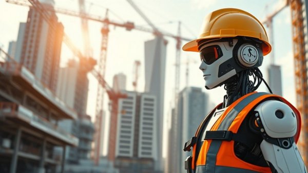 AI and humans collaborate at a high-tech construction site.