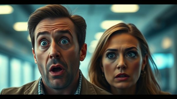 Dramatic scene with surprised man and concerned woman in Dhar Mann medical episodes.