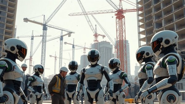 AI and humans collaborating on a construction site, highlighting building and construction use of AI.
