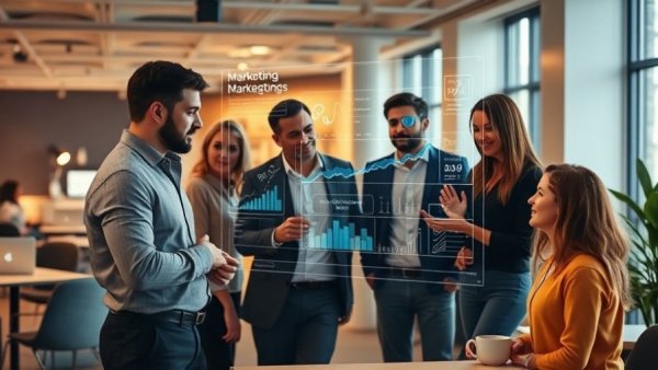 AI and automation in digital marketing: professionals using holographic interface.