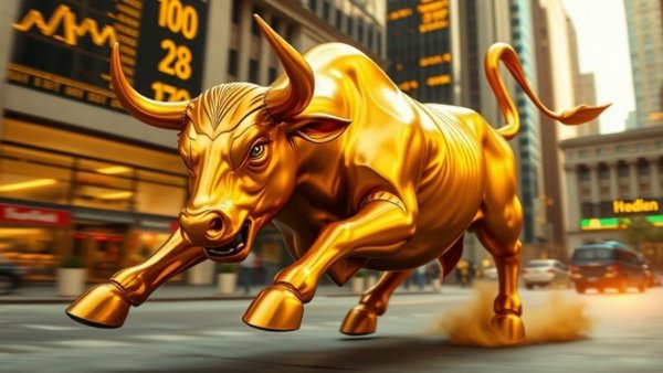 Golden bull symbolizing market gains in financial district, investment strategies.