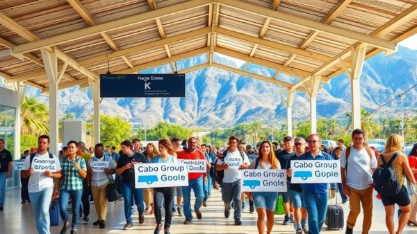 Cabo group transportation at busy airport terminal with waiting passengers.