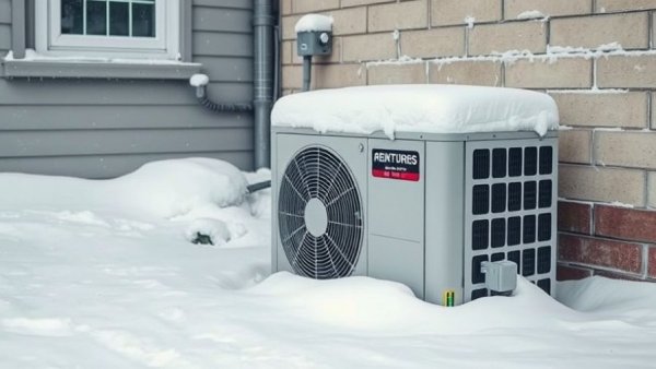 AC unit covered in snow during winter season.