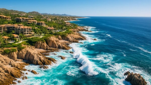 Aerial view of Los Cabos coastline on a clear day
