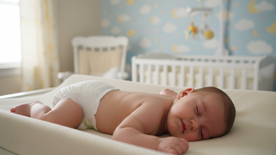 Soft, gentle baby bottom wearing a clean hypoallergenic disposable diaper — peaceful expression, baby lying on a cozy changing table, styled as photorealistic set in a softly lit nursery with soothing pastel walls, featuring a plush toy beside the baby
