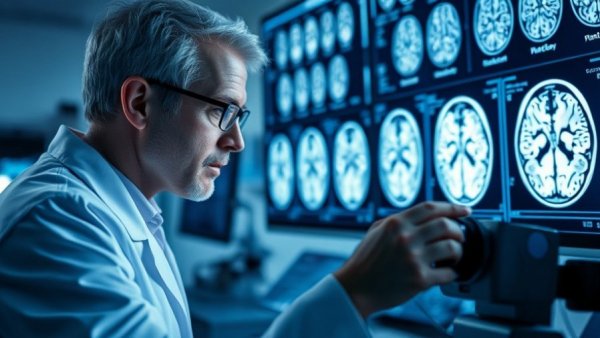 Medical professional analyzing brain scans for targeted ultrasound research.