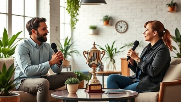 Casual interview in a modern setting with indoor plants.