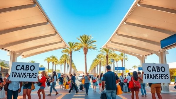 Cabo group event transportation service at airport arrival area.