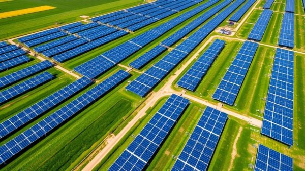 Aerial view of European solar farm reflecting cleantech trends.