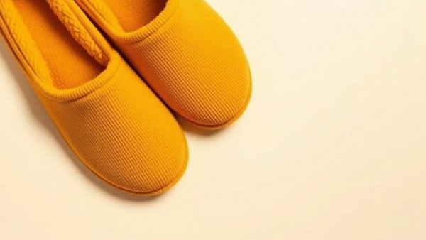 Mustard yellow slippers on a cream background, perfect unique stocking stuffers for adults 2025.