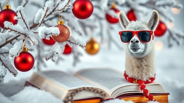 Festive book cover featuring Christmas ornaments and a playful llama.