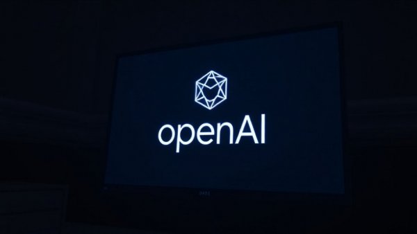 Computer monitor with openAI logo in a dark room.