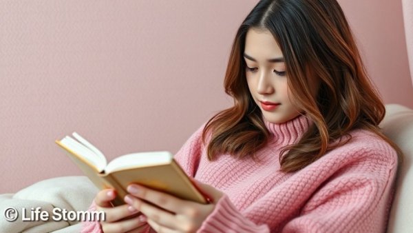 Young woman comfortably reading a book under a cozy pink blanket.
