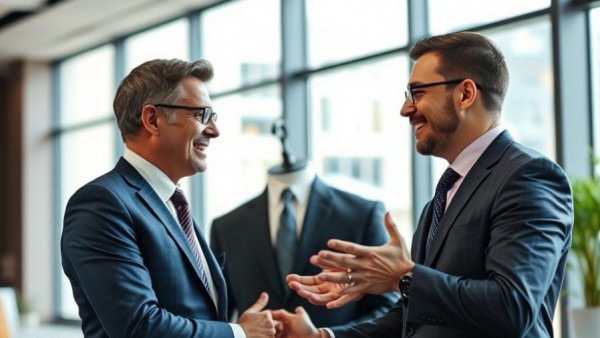 Businessmen discussing AI in consumer startups in modern office.