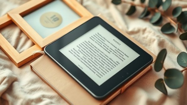 E-reader displaying a book cover on a journal with glasses and leaves.