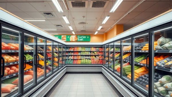 AIM Act Compliance for Grocery Refrigeration section showing fresh produce in coolers.