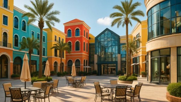Vibrant shopping mall in Los Cabos under a clear blue sky.