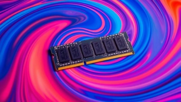 Dynamic RAM module against abstract colorful background, focusing on 2025 computing needs.