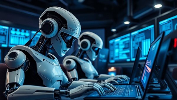 AI robots working on laptops in a tech lab, illustrating AI in peer review processes.