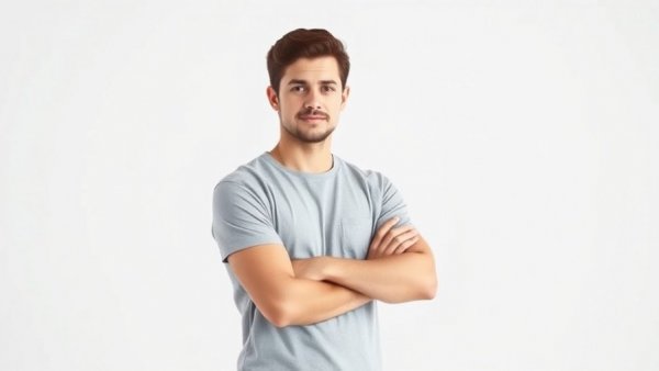 Confident young man standing with arms crossed against white background.