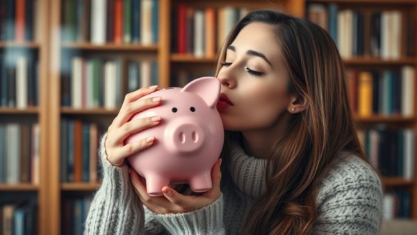 Young woman with pink piggy bank symbolizing business growth capital