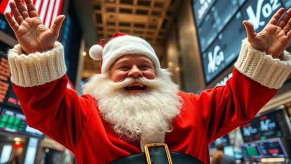 Santa Rally December performance: Santa celebrating on stock exchange floor.