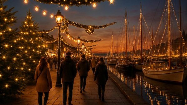 Festive Cabo marina in December with holiday lights and tourists enjoying the evening.