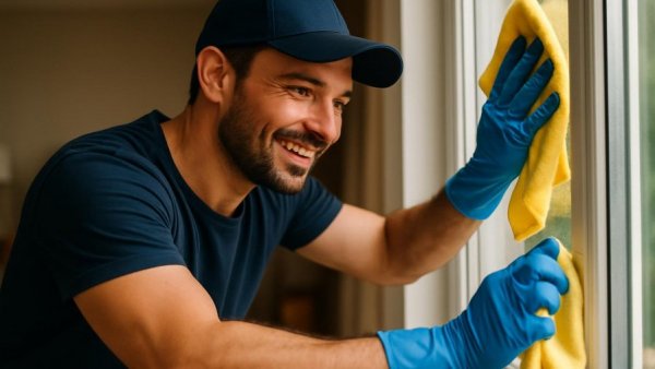 Smiling man cleaning window with yellow cloth, representing window cleaning costs 2025.