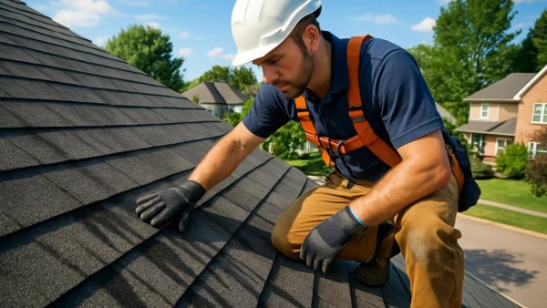 Rooftop inspection revealing black streaks in suburban neighborhood scene.