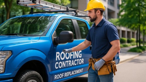 Professional roofing contractor with branded truck highlighting benefits of hiring certified professionals.
