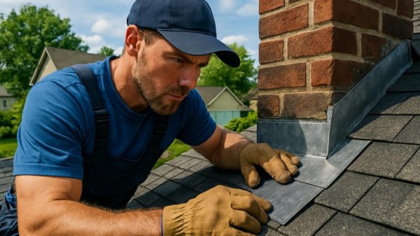 Roof flashing installation on house chimney with worker.