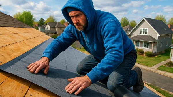 Roofer in blue hoodie installing roof underlayment in suburban area