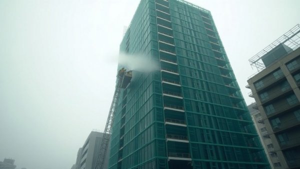 Substandard netting on Hong Kong building during fire safety operation.