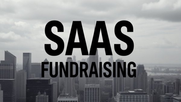 Bold SaaS fundraising text overlay on cityscape.