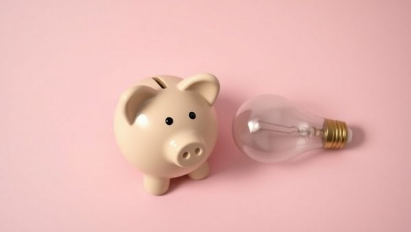 Minimalist piggy bank and light bulb on pink background.