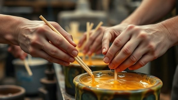 Hands crafting candles in molten wax for DIY beeswax ornaments.