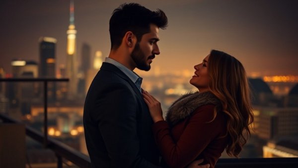 Romantic couple with city skyline, second chances in music romance theme.