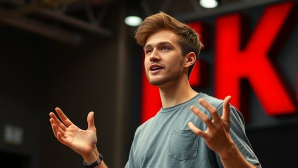 Young man presenting on stage with red letters behind.