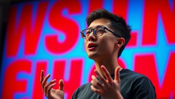 Young man presenting energetically in front of red text background, ChatGPT Code Red Response