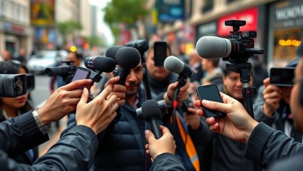 Press microphones capture founders desire for media coverage on city street.