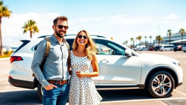 Cabo airport transportation with a happy couple beside a white SUV.